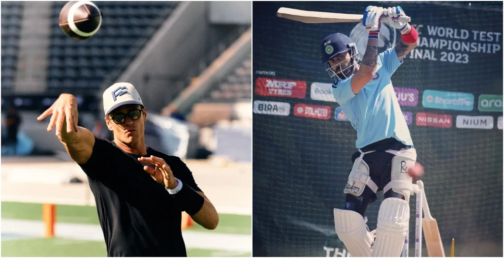 Tom Brady and Virat Kohli in a split image, highlighting Brady’s praise for Kohli’s global fame.