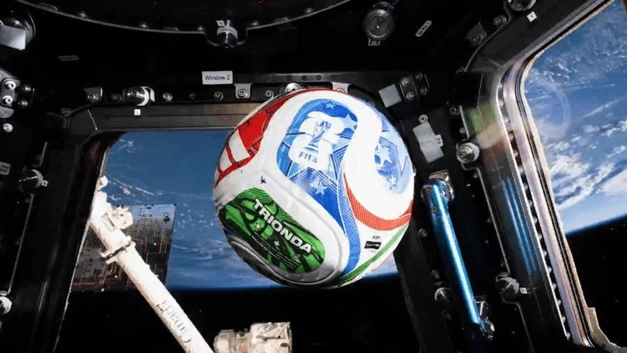 Trionda, the official FIFA World Cup 2026 ball, being used aboard the International Space Station.