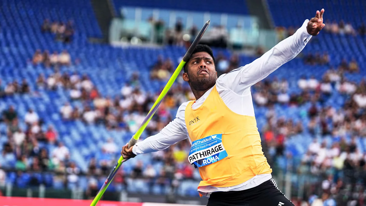 Rumesh Pathirage of Sri Lanka competing in the men's javelin throw event at the Rome Diamond League
