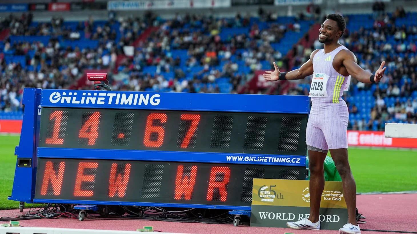 Noah Lyles 150m world-best Golden Spike meet Ostrava 2026.